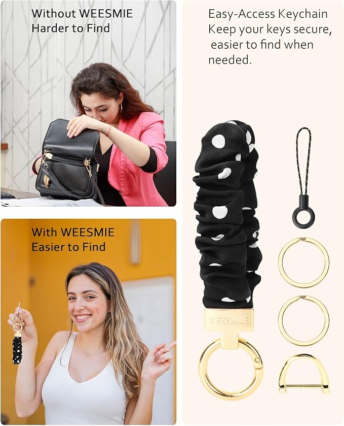 WEESMILE Keychain Wristlet, Stretchy Key Chain for Car Keys with D ring, Cute Scrunchie Wrist Bracelet for Women Men
