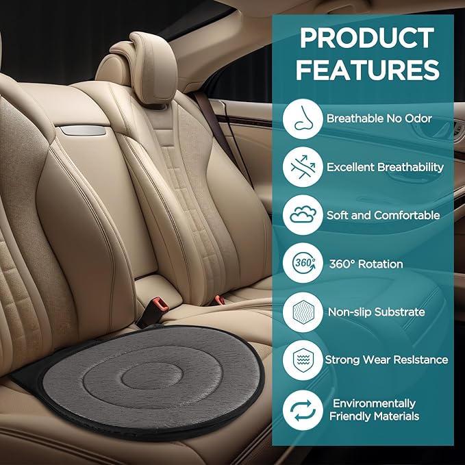 FACULX Rotating Seat for Car 360° Swivel Seat for Car for Elderly Non-Slip Portable Rotating Car Seat Pad for Driving, Chairs, Stool Chair, Ergonomic Design (Gray)