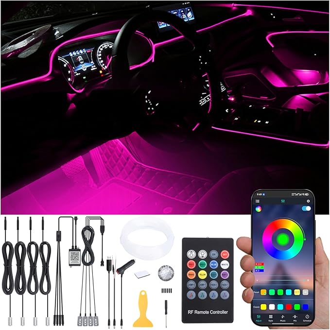 Car Interior Strip Lights, 4 in 1 Multicolor RGB Car Footwell Ambient Lighting Kit, 5m Fiber Optic EL Neon Tube Light, DIY Mode Music Sync RF Remote Control + APP Control DC 12V