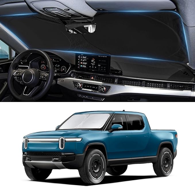 Custom Fit Rivian R1T Windshield Sunshade for 2022-2023 2024 2025 Rivian R1S/R1T Accessories Front Window Sun Shades Shield Cover for Windshield Foldable 210T Sun Visor Protector Blocks UV Ray