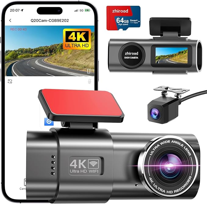 4K Dash Cam Front and Rear, Built-in WiFi, 170° Wide Angle, Night Vision, 24H Parking Monitor, G-Sensor, WDR, 1.47” IPS Screen, with 64GB SD Card (Supports 256GB Max) - Car Dash Camera with App