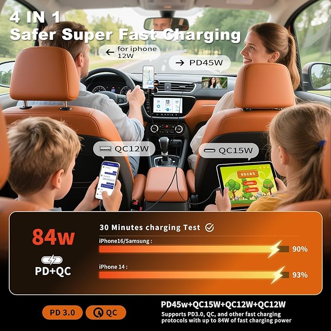 Retractable Car Charger 4 in 1, Car Charger USB C Fast Charge 84W Cigarette Lighter USB Charger, Travel Essentials Car Accessories Gifts for Men Women for iPhone 17 16 15 14 13 12 Pro Max, Samsung