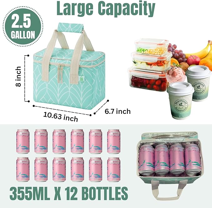 VENO 2 Pack Small Cooler Bag, Insulated Grocery Bags, Collapsible Cooler, Reusable Shopping Bags for Groceries, Water Resistant, Zippered, 2.5 Gallon (Evergreen, 2 Pack)