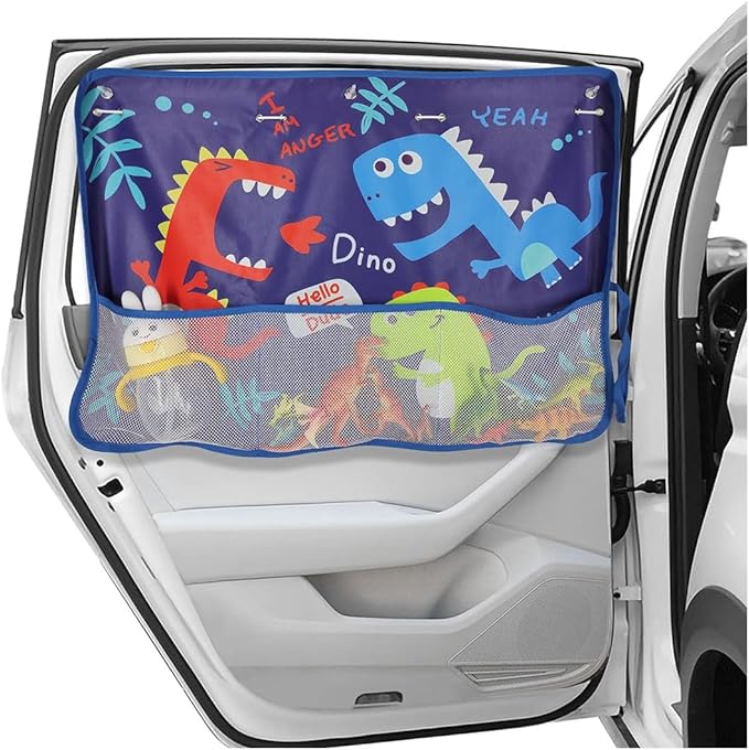 Car Window Shade for Baby, Blackout Car Window Curtain with Storage Pockets & 7 Suction Cups, Cartoon Pattern Cars Side Window Sun Shade Cover for Sun/Heat/UV Rays Protection (Blue-Dinosaurs)