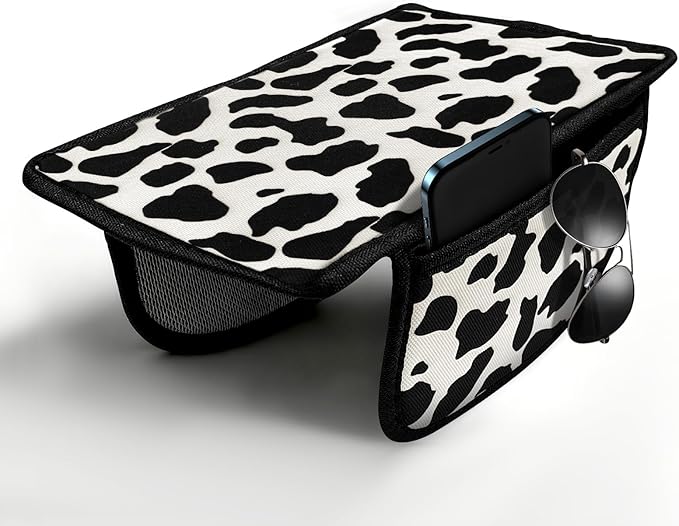 Cow Print Armrest Cover with 2 Side Pockets & Storage Bags, Cute Cow Car Decor,Center Console Cover Pad Organizer, Cow Pattern Cushion Mat,Interior Accessories for Most Vehicles (Black)