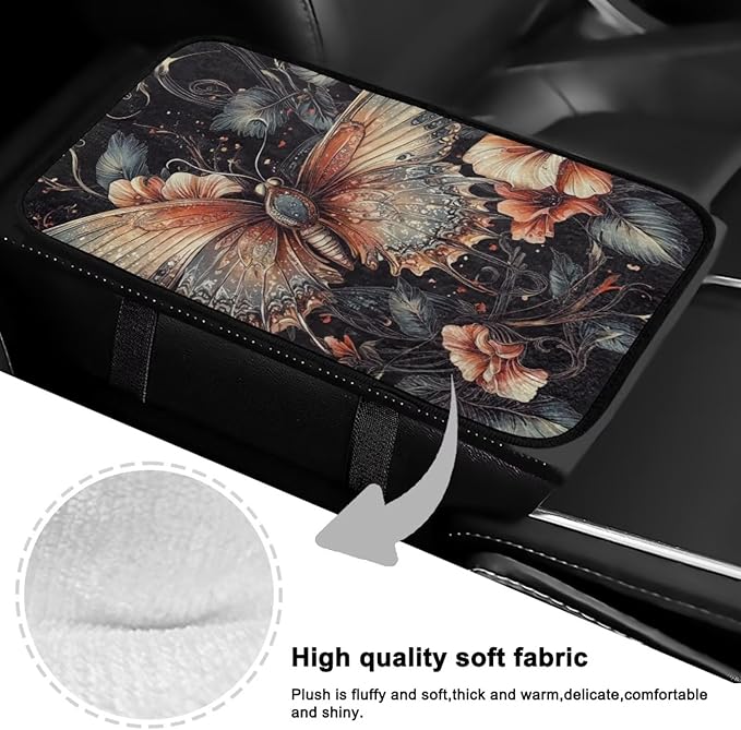 Butterfly Flower Center Console Cover Comfortable Warm Auto Center Console Pad Easy Install Armrest Cover Center Console Cushion for Car Truck Van SUV Seat Protector