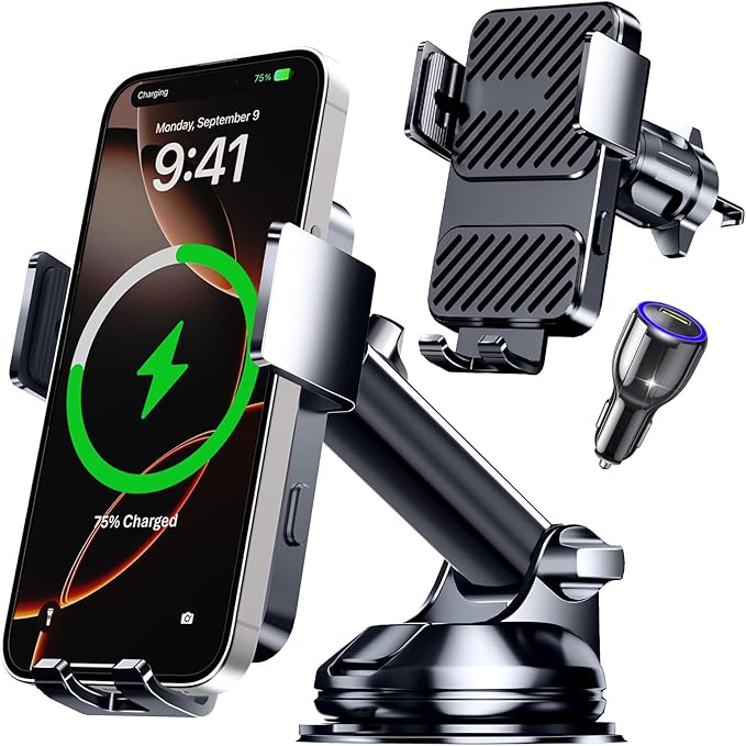 3 in 1 Wireless Car Charger, Phone Holders for Your Car 15W Fast Charging Auto Clamping, Car Phone Mount for iPhone 17 16 15 14 13 Mini Pro Max XR, Samsung Galaxy S25 Ultra S24 S23 S22 S21