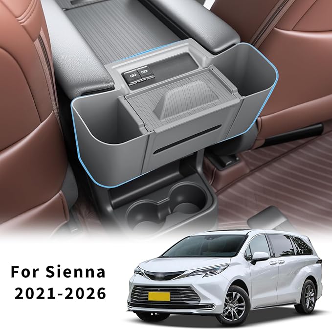 Center Armrest Rear Organizer for Toyota Sienna 2021-2026 ABS Cup Holder Tray Center Consoles 3-in-1 Backseat Organizer(Gray)
