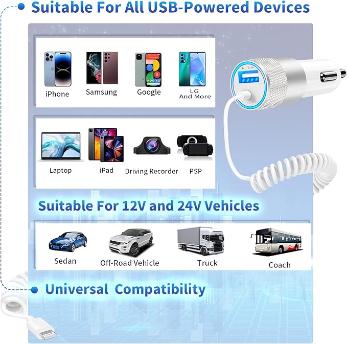 [Apple MFi Certified] iPhone Fast Car Charger, Caiinei 4.8A Dual USB Power Car Charger Fast Charging Cigarette Lighter+6FT Coiled Lightning Cable for iPhone 14 13 12 11 Pro Max XS Mini XR X 8 SE iPad