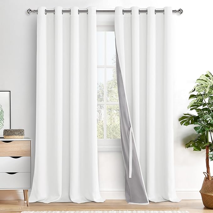 XWZO Total Blackout Curtains 95 Inches Long- Double Layer Full Room Darkening & Energy Efficiency Grommet for Extra Wide Windows Sewn with Tiebacks, Ivory, W52 x L95, Set of 2