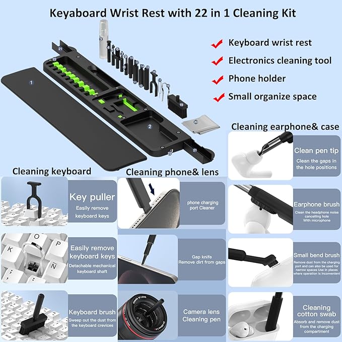 Ergonomic Keyboard Wrist Rest Cleaning Kit, 22 in 1 Cleaning Kits Wrist Rest for Keyboard, Non-Slip Springy Sponge Keyboard Rest Pad with Deep Cleaning Cleaning Tools for Earbuds, Lens, Charging Port
