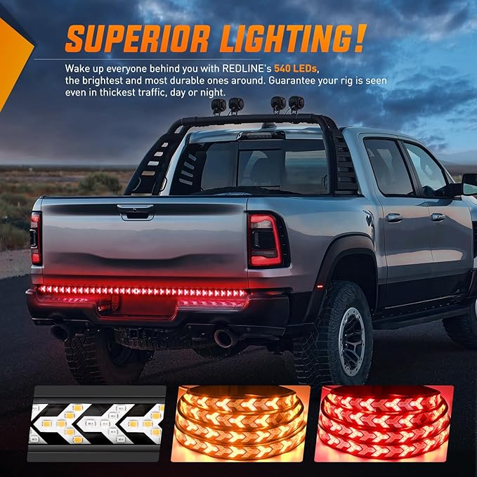 Nilight Truck Tailgate Light Strip 60Inch Arrow 540 LED with Red Running Brake Lights Amber Turn Signals Strobe Lights