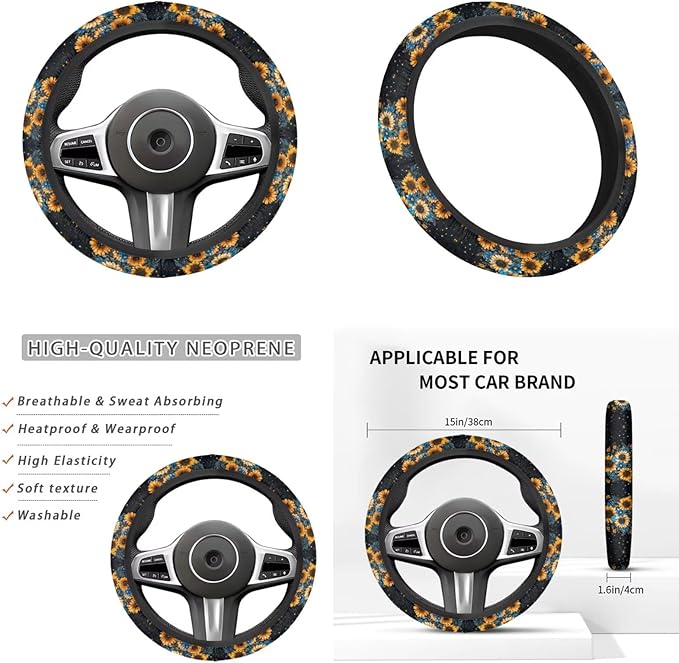 Blue Sunflower Print 6pcs Steering Wheel Cover Car Accessories for Women Men Butterfly Cup Coaster Handbrake Cover Fit Auto,Suvs,Truck