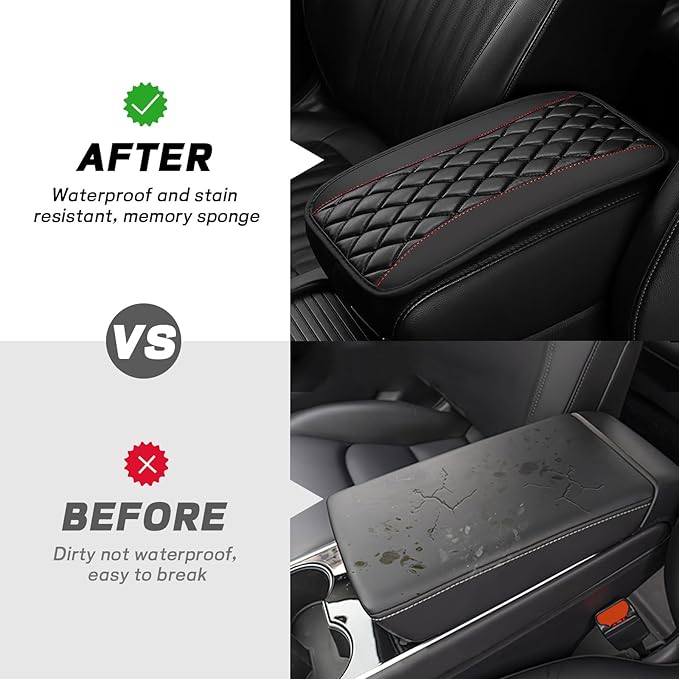 Car Center Console Cushion Pad, 12.72"×7.52" Leather Waterproof Auto Armrest Seat Box Protector, Car Center Console Cover, Universal Interior Decor Car Accessories for SUV Truck (Black)