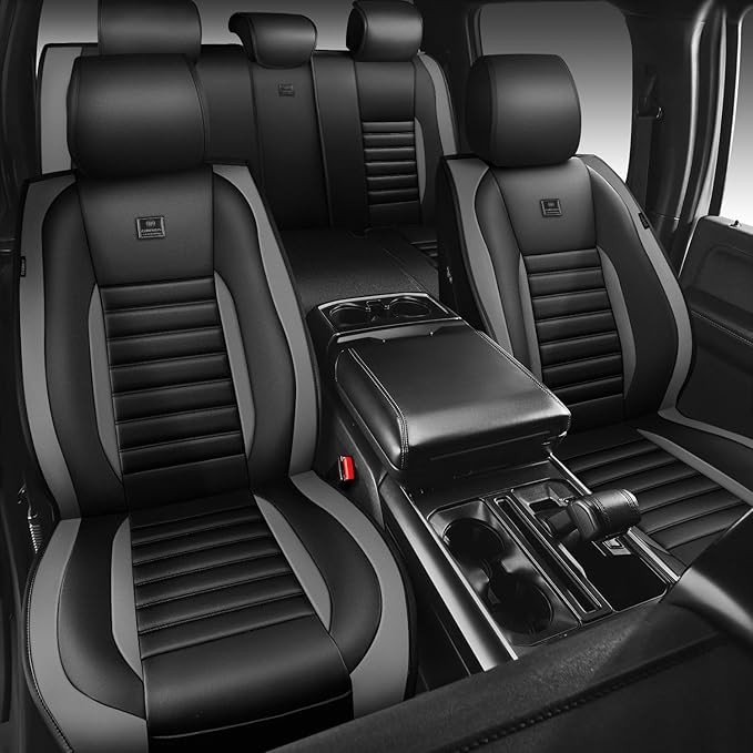 CAR PASS Nappa Leather Car Seat Covers Full Set, Luxury Seat Protector for Cars, Waterproof Anti-Slip Seat Cushion Armrest Compatible Airbag Universal for Sedan SUV Pick-up Truck Auto, Black Gray