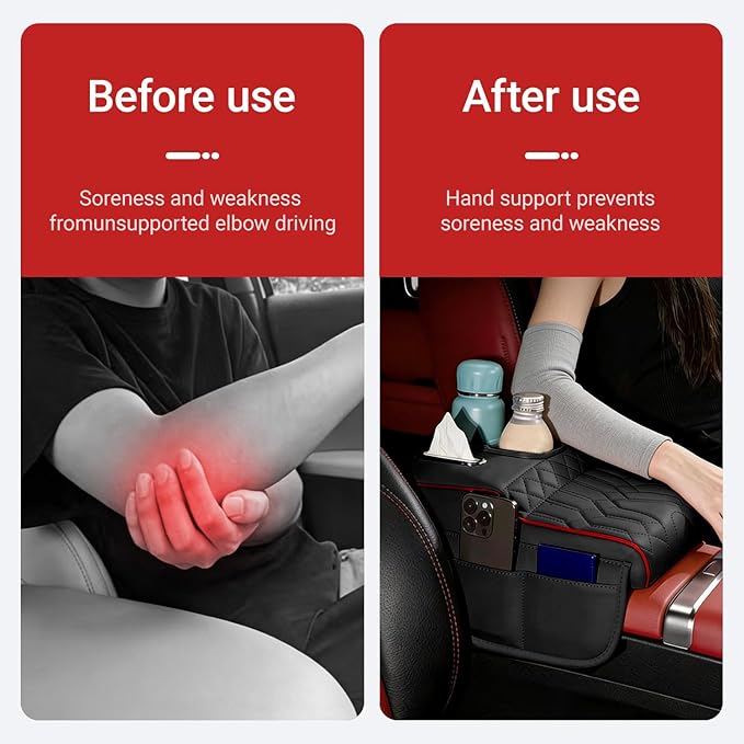 Upgraded Car Center Console Cover,PU Leather Car Armrest Cover Cushion Contains High Elasticity Sponge with 2 Storage Bags Tissue Box (Black RED-B)