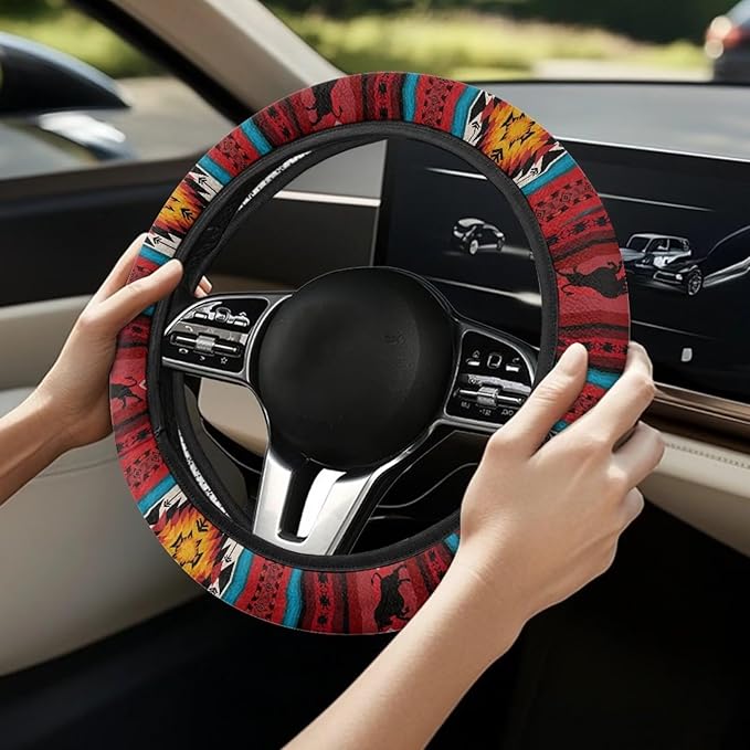 SEANATIVE Car Steering Wheel Cover for Men Breathable Anti Slip Auto Steering Wheel Covers fit Standard Size 15inches, Red Aztec Horse Print