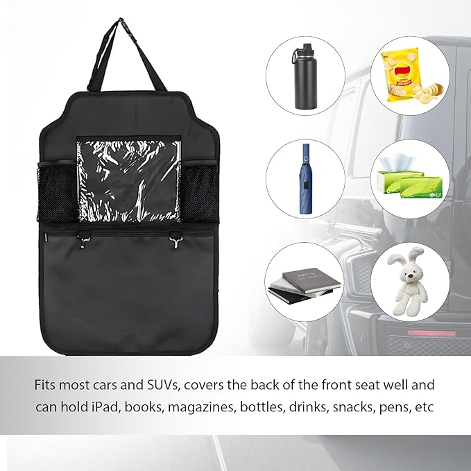 2PCS Car Backseat Organizer, Multi-Pocket Back Seat Protector with 10.2" Tablet Holder, Waterproof Oxford Fabric Storage Bag Auto Kick Mat for Kids Toddlers (C with Large Pocket)