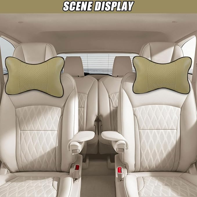 2PCS Car Neck Pillow, PU Leather Headrest Cushion with Adjustable Strap, Ergonomic Soft Headrest Pillow, Universal Multi-Function Auto Lumbar Support Accessories for Pressure Relief (Beige)