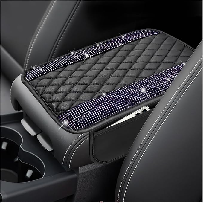 Sun Walker Bling Car Center Console Cover, Anti-Scratch Car Armrest Seat Box Cushion Pad with 2 Storage Bags, Leather Middle Console Protector Crystal Interior Accessories for Most Cars (Purple)