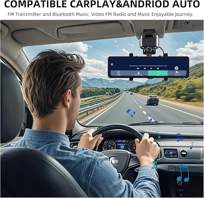 KBD 11.26'' 4K Smart Rear View Mirror Dash Cam Front and Rear, Android Auto Carplay with Backup Camera for Car Recording Parking Assistance Night Vision