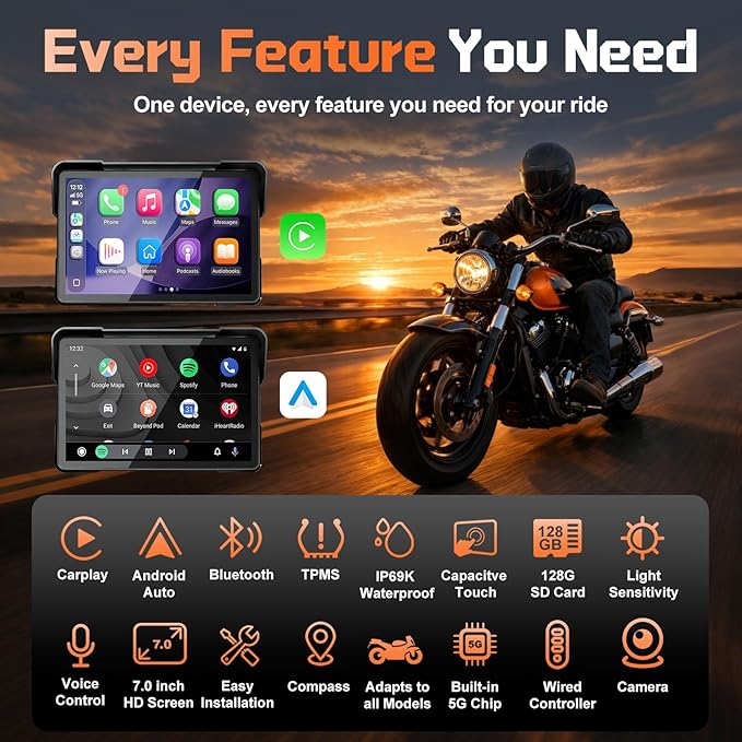 2026 LBW 7" Wireless GPS Motorcycle CarPlay(Includes 128G SD) with Android Auto Navigation, Dual 2K Dash Cam, HD Waterproof Screen, TPMS, Remote Control, BT, Quick Release Anti-Theft Design Mount