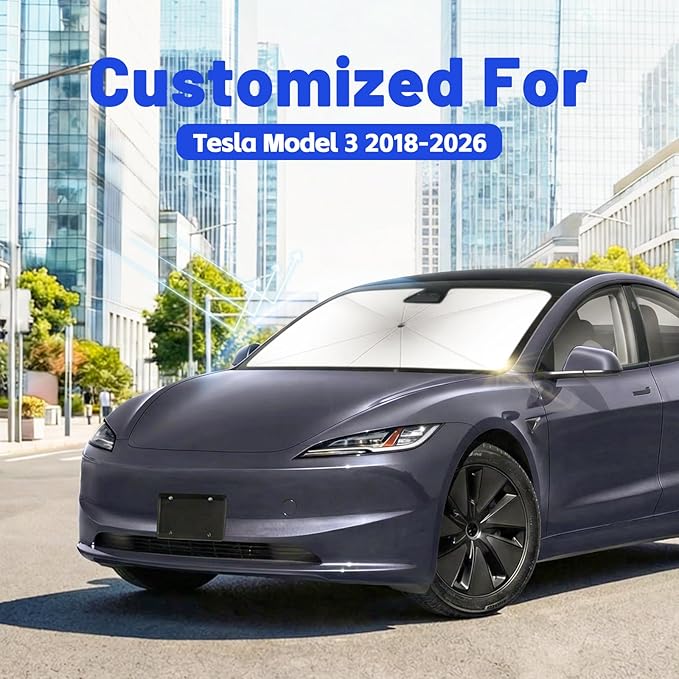 Windshield Sun Shade for Tesla Model 3 2018-2026, Umbrella Car Shades with 360°Rotating Shaft, Foldable Front Window Sunshade for UV & Heat Protection