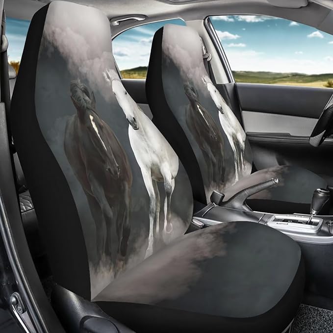 Car Seat Covers 2 Pcs Soft Comfortable Auto Front High Back Seat Protector Covers Automobile Interior Decor Accessories, Universal(Black White Horse 59)