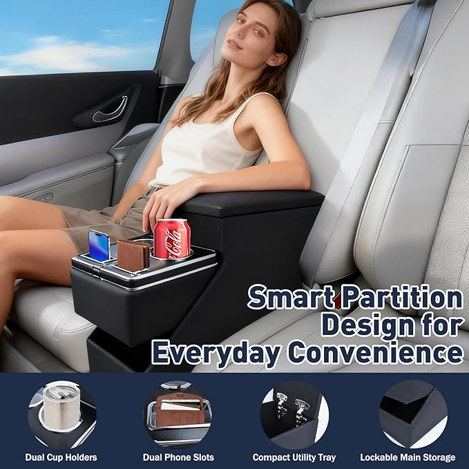 24L Center Console Between Seats for Minivans, SUVs & Trucks, 20"L x 9.65"W x 13.78"H Floor/Bench Seat Organizer with Locking Hidden Storage, Dual Cup Holders & Armrest, No-Drill Installation