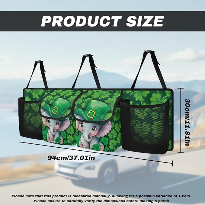 Cute Elephants Trunk Organizer St. Patrick Day Green Leaves Car Back Seat Organizer,4 Compartments,Backseat Hanging Organizer for Women Men