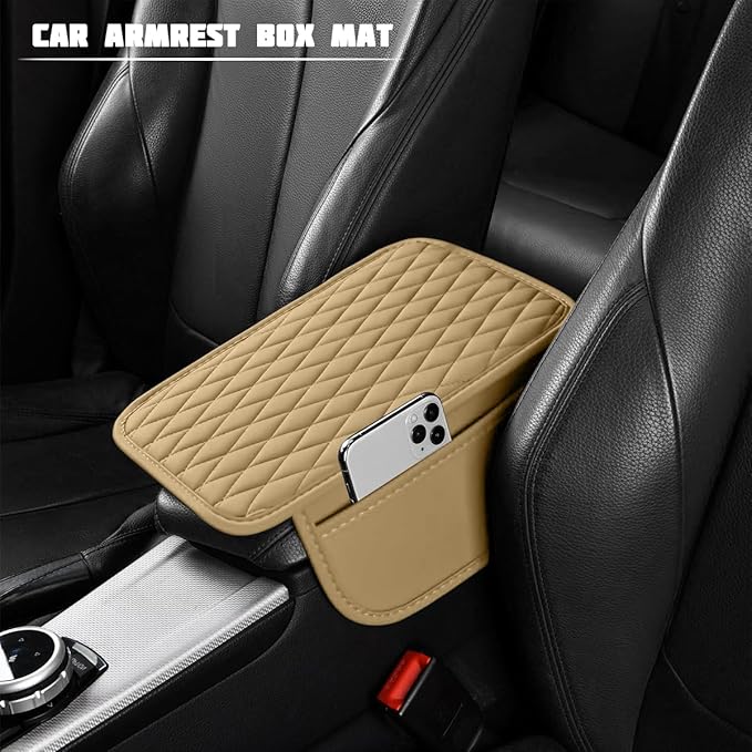 Car Armrest Cushion Pad, Leather Vehicle Center Console Cover with 2 Storage Bags, Non-Slip Automotive Interior Arm Rest Seat Box Cover Accessories, Universal for SUV RV Sedan (Beige)