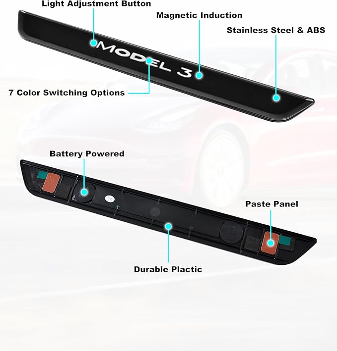 LED Door Sill Lights for Tesla Model 3 2017-2025 Accessories, ABS Scratch-Resistant Sill Protector with 7-Color RGB Lighting, Battery Powered Model 3 Pedal Mood Lamp, Matte Black, 4PCS