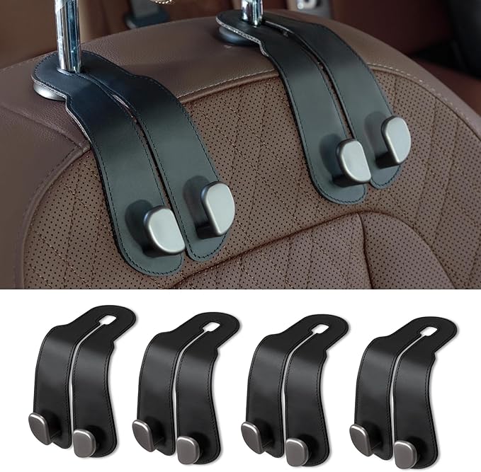 CoBak Purse Hook for Car - Universal Premium Stitched Leather and Aluminum-Magnesium Alloy Double Car Seat Back Storage Hook for Purses, Handbags, Bags (4 Pack),Black