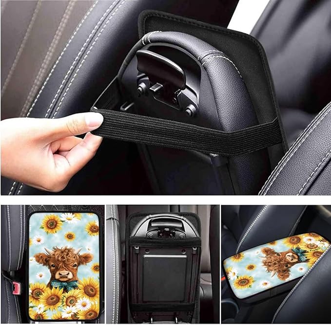Highland Cow Print Car Accessories 6 Pcs Sets Sunflower Car Steering Wheel Cover Set for Men Women Cup Coaster Cars Armrest Cover Fits Most Cars Trucks Vans SUV