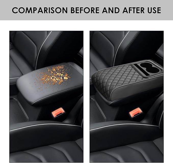 Car Center Console Cover, Leather Car Armrest Cover with Cup Holder, Phone Slot, Waterproof Arm Rest Protector Cushion Automotive Accessories (Black)