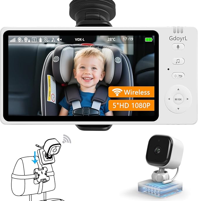 Wireless Baby Car Camera 5" HD 1080P IPS Anti-Glare Screen USB Powered, Temperature Alert, Night Vision & VOX Mode, 360° Rotatable Rear Facing Carseat Monitor Newborns Travel Essentials Gifts