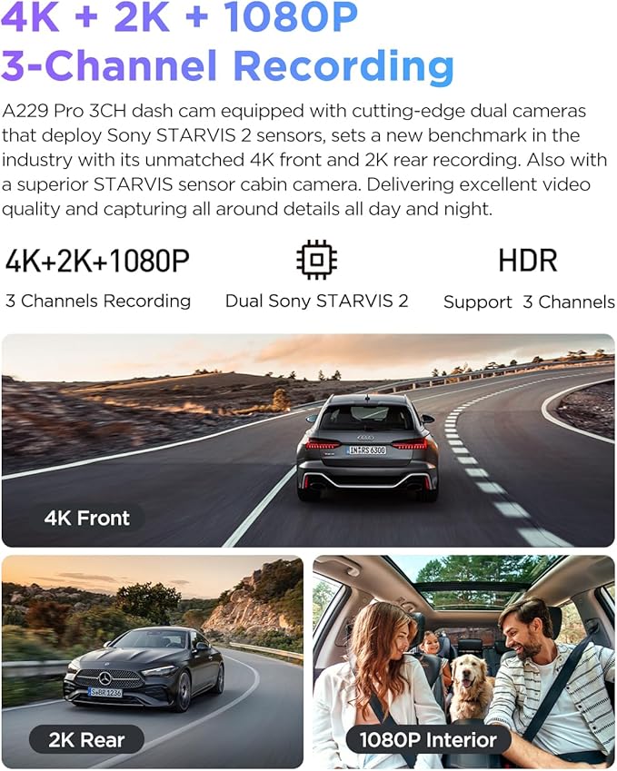 VIOFO A229 Pro 3 Channel 4K HDR Dash Cam, Dual STARVIS 2 Sensors IMX678 & IMX675, 4K+2K+1080P Front Inside and Rear Triple Car Camera, 5GHz WiFi GPS, Voice Control, 24H Parking Mode
