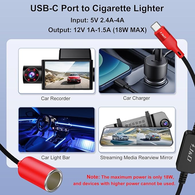 J&D USB C Male to 12V Car Cigarette Lighter Socket Female Converter Cable, 12V 18W Power Cable for Dash Cam, GPS, Car LED Light Strips, Red, 1 ft
