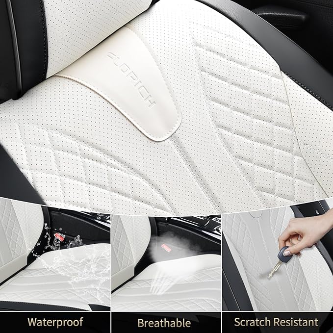 FLORICH Seat Covers Full Set Luxury Faux Leather Front and Rear Car Seat Cover Waterproof Automotive Seat Covers 5 Seats Car Seat Protector Universal Fit for Most Cars SUV Trucks, Black&White