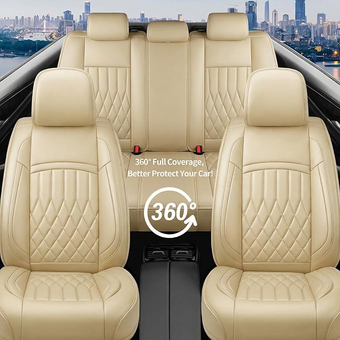 Fit Ioniq Car Seat Covers for Hyundai Ioniq 2017-2026 - Premium Leather, Waterproof, All-Weather, Airbag Compatible, Anti-Slip, Breathable, Easy Install, Seat Protectors, Full Set, Beige