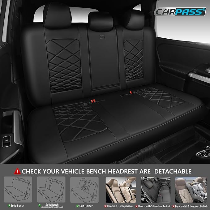 CAR PASS Luxury Nappa Leather Back Seat Covers, Piping Water Resistant Premium Faux Leather Rear Bench Seat Covers, Breathable Backseat Cover Universal Fit for Most Sedan SUV Van Truck, Black