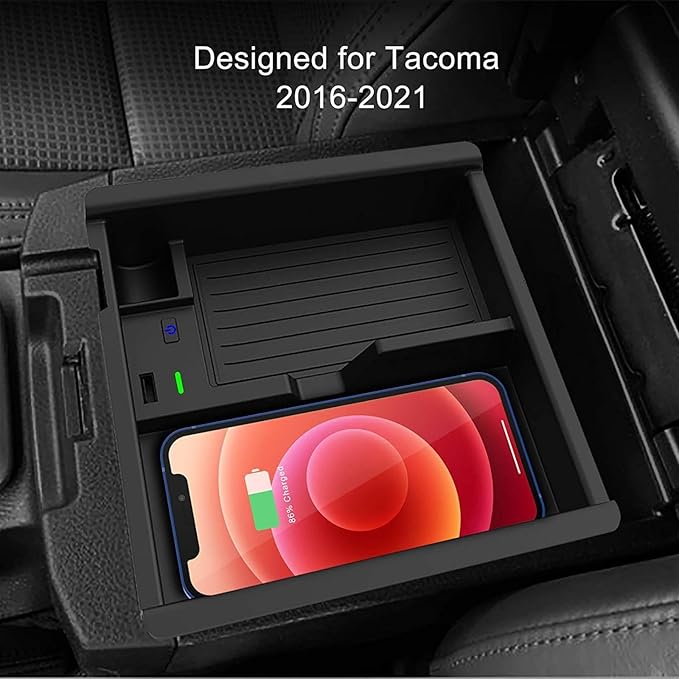 Car Wireless Charger for to-yo-ta Tacoma 2016-2021 Center Console Organizer Tray Accessory Panel with 18W USB Port 15W Fast inductive Mobile Phone Wireless Charging Pad