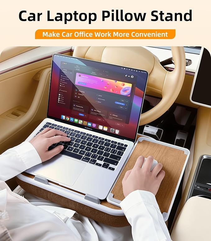 Car Seat Tray Pillow Stand, Laptop Lap Desk with Mouse Pad, Portable Food Tray with Tablet/Kindle Mount Holder, Front/Rear Seat Table for Office/Eating/Reading, Travel Essentials Accessories