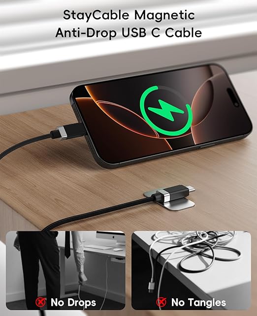 Magtame StayCable 2Pack USB A to USB C Cable with Magnetic Holder 5FT, 3A Fast Charging Type-C Charger Cord, Anti-Drop Nylon Braided Cable for iPhone 17/16, Galaxy, Bedside, Desk, Car Cord Management