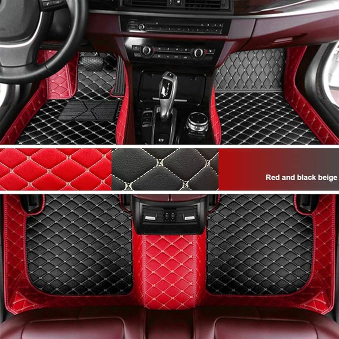 Custom Personalized Floor Mats for Cars - Luxury Full Coverage All Weather Mats, Anti-Slip Leather Mat Set, Fit for 99% of Cars, SUVs & Trucks (Red, C-Double Color)