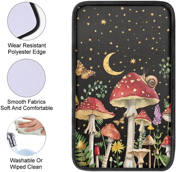Moon Mushroom Auto Center Console Cover Non Slip Arm Rest Cover for Car SUV Van Vehicles, Auto Seat Box Pad Mushroom Car Accessories Automotive Decoration