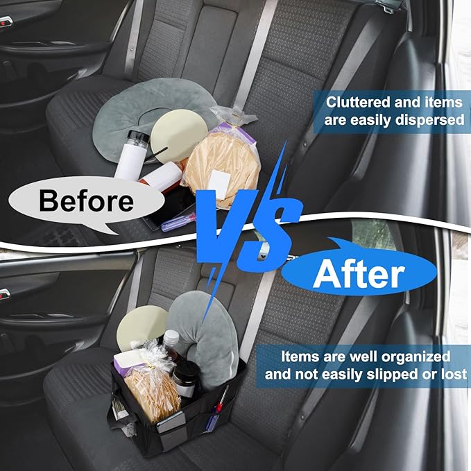 Car Seat Organizer Backseat, Car Organizer, Collapsible Small Car Seat Storage Organizer with Divide, Handles and Mesh Pockets for Front/Rear Consoles Back Seats Traveling and Storing Children's Items