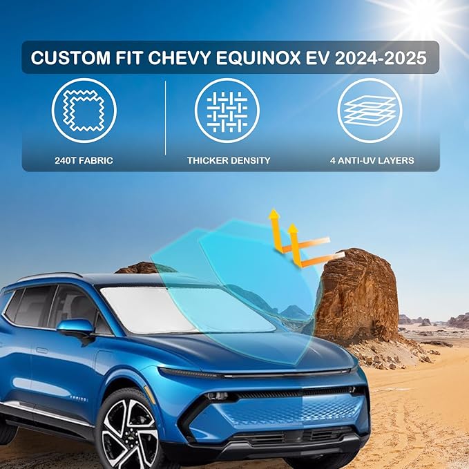 for Chevrolet Equinox EV SUV 2024 2025 2026 Windshield Sun Shade - 4 Layers for Front Windows Shade Cover Custom Fit Chevy Equinox EV Not for Gasoline Equinox 250T Shade Blocks UV Rays Car Accessories