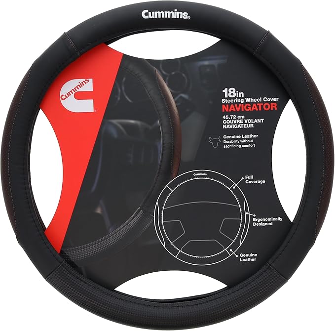 Cummins CMN35391 Navigator 18-Inch Steering Wheel Cover Leather Semi Truck Interior Accessories for RV and Big Rig-Black