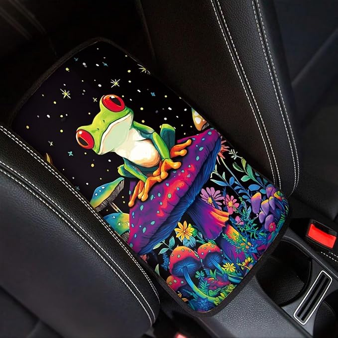 Dreaweet Mushroom Frog Center Console Cover Car Accessories for Women Interior Soft Comfort Vehicle Center Console Armrest Cover Pad Universal Fit Most Cars SUV Sedan